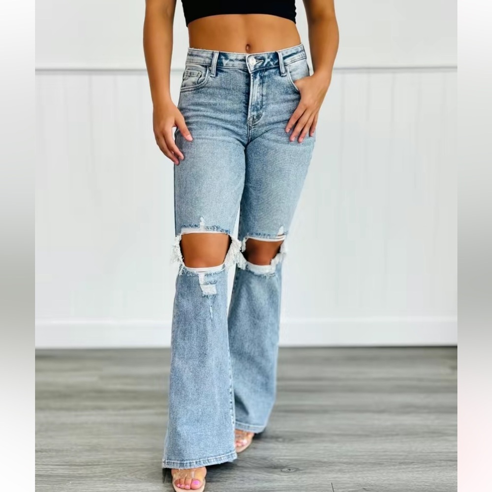 High-Waisted Light Blue Distressed Flare Jeans